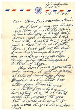 Primary view of object titled '[Letter by James Sutherlin to his sister - 02/20/1945]'.