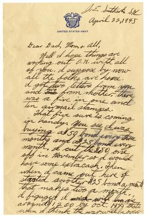 Primary view of object titled '[Letter by James Sutherlin to his family - 04/22/1945]'.