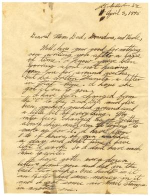 Primary view of object titled '[Letter by James Sutherlin to his family - 04/02/1945]'.