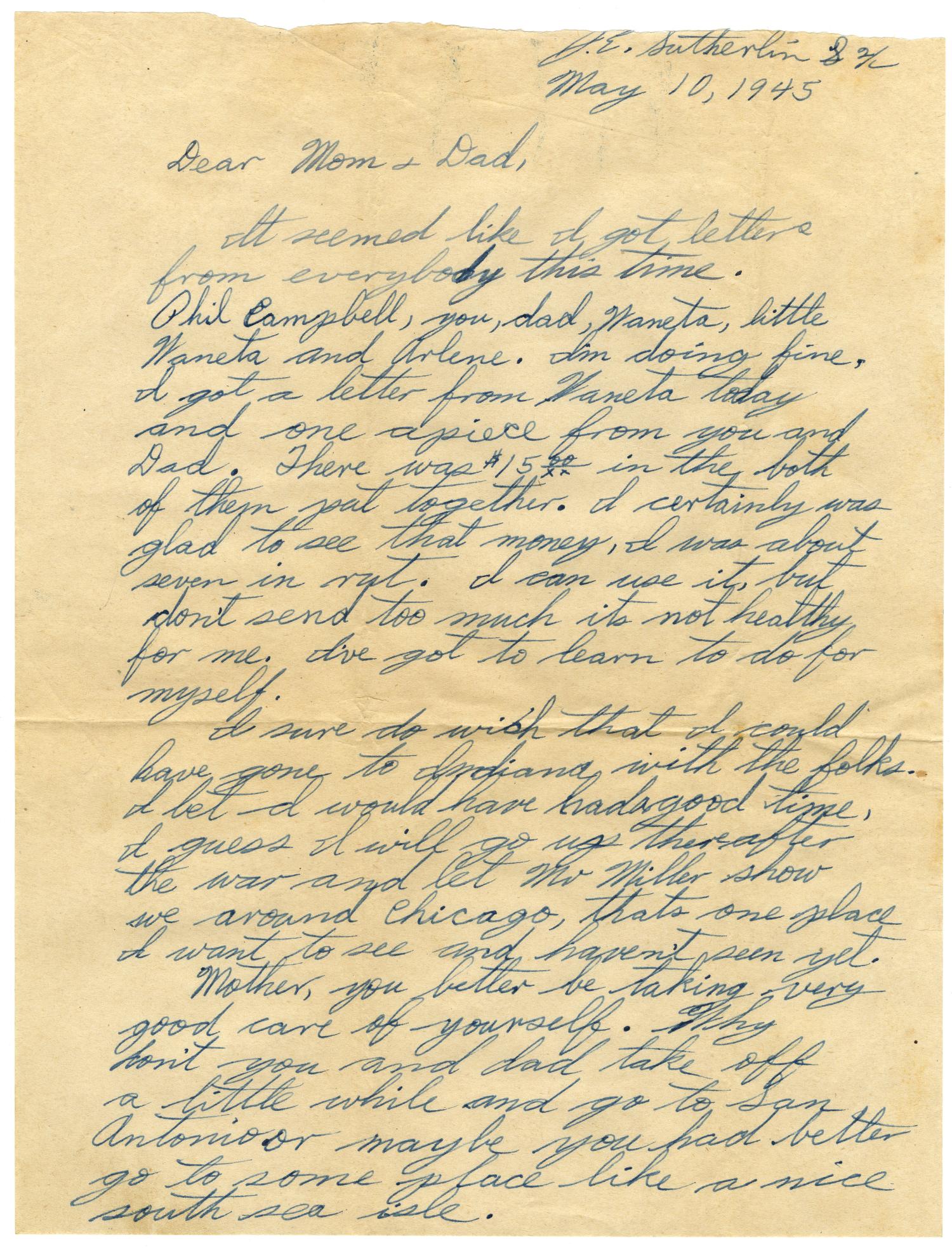 [Letter by James E. Sutherlin to his parents - 05/10/1945]
                                                
                                                    [Sequence #]: 1 of 6
                                                
