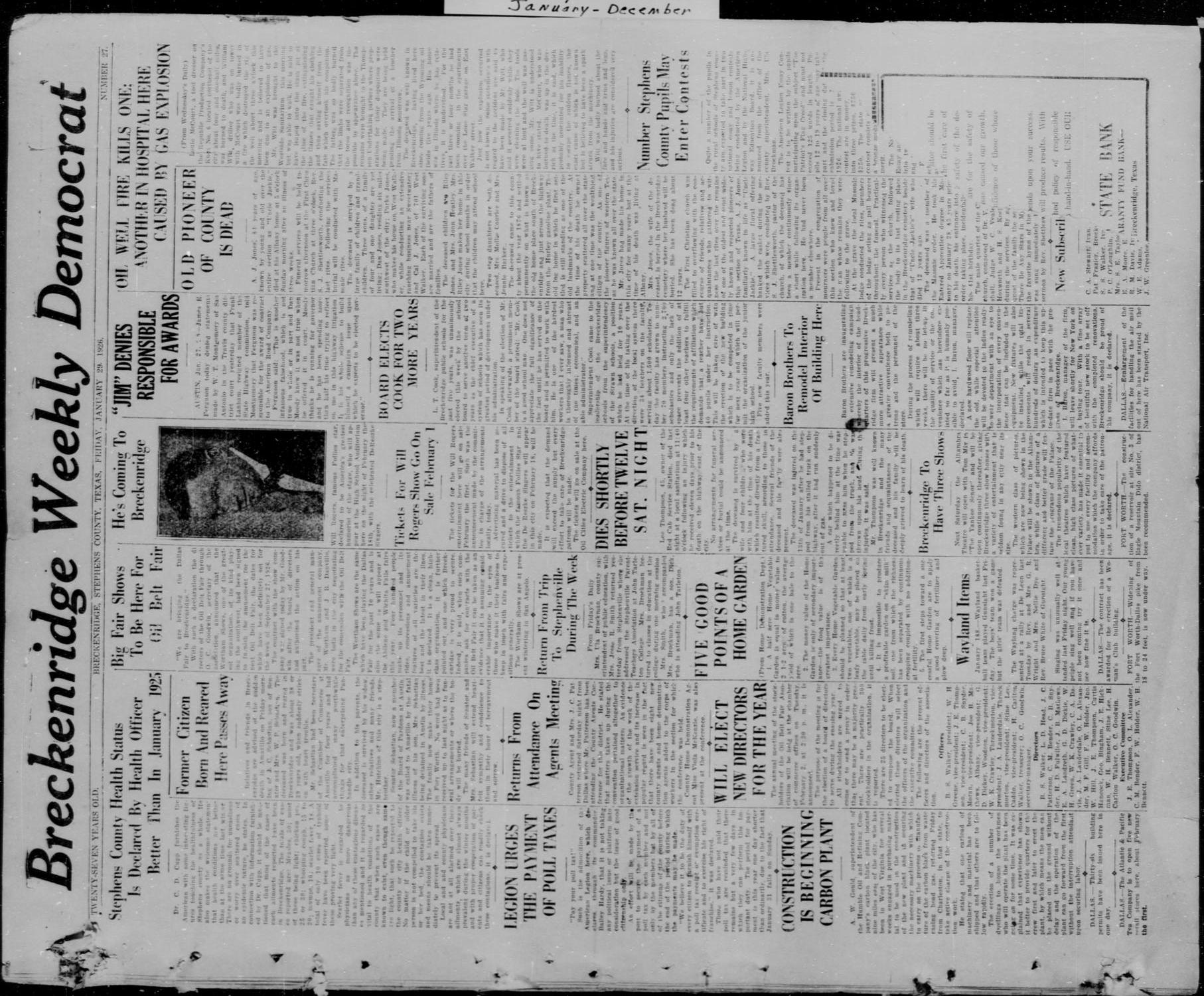 Breckenridge Weekly Democrat (Breckenridge, Tex), No. 27, Ed. 1, Friday, January 29, 1926
                                                
                                                    [Sequence #]: 1 of 4
                                                