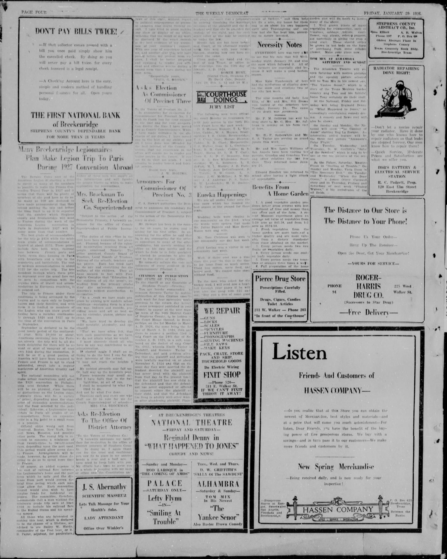 Breckenridge Weekly Democrat (Breckenridge, Tex), No. 27, Ed. 1, Friday, January 29, 1926
                                                
                                                    [Sequence #]: 4 of 4
                                                
