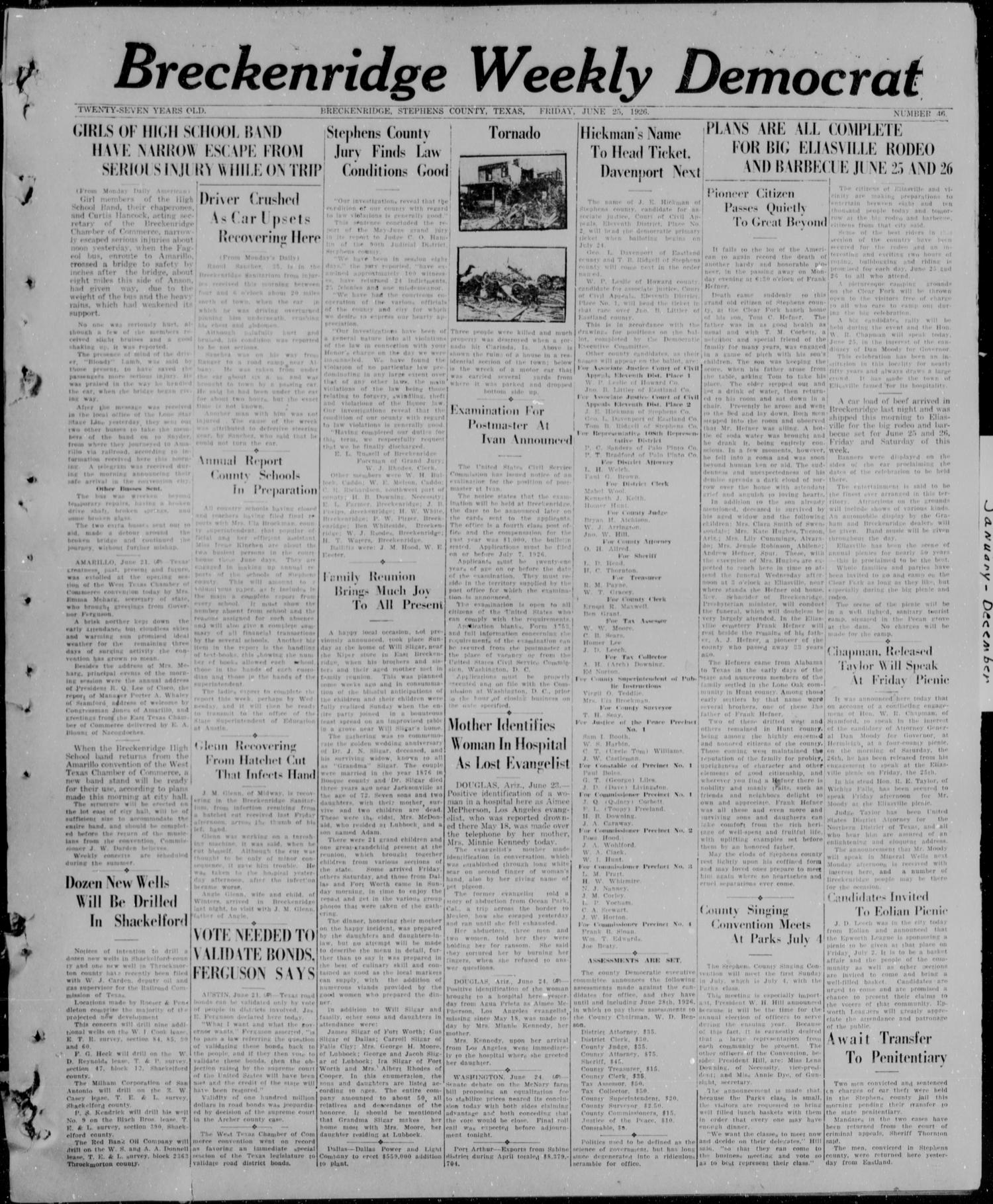 Breckenridge Weekly Democrat (Breckenridge, Tex), No. 46, Ed. 1, Friday, June 25, 1926
                                                
                                                    [Sequence #]: 1 of 4
                                                