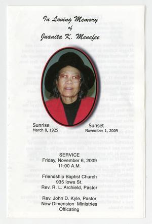 Primary view of object titled '[Funeral Program for Juanita K. Menelee, November 6, 2009]'.