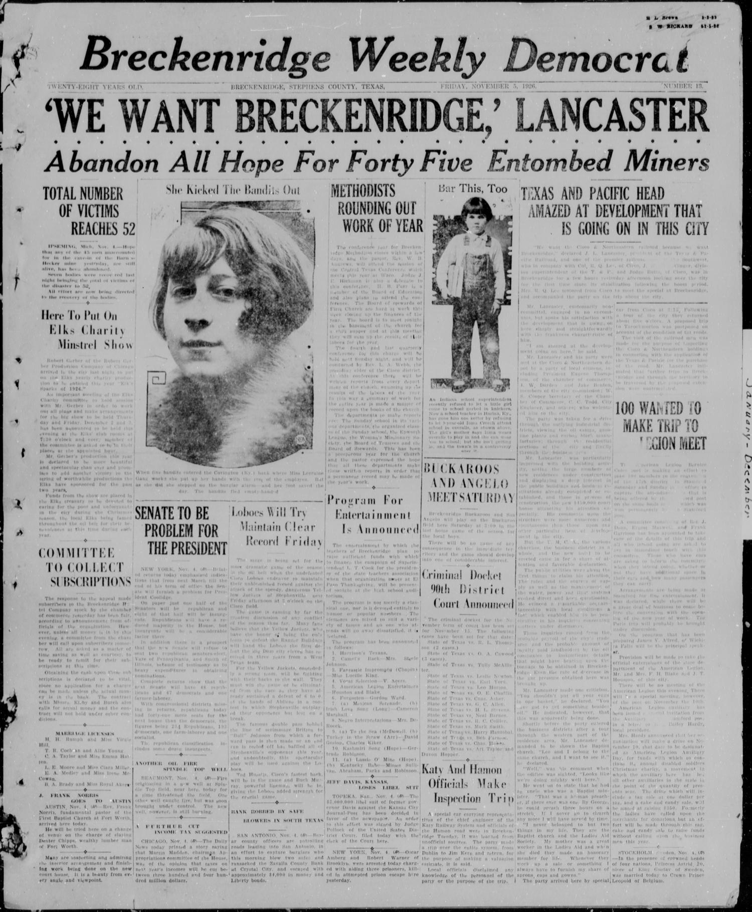 Breckenridge Weekly Democrat (Breckenridge, Tex), No. 13, Ed. 1, Friday, November 5, 1926
                                                
                                                    [Sequence #]: 1 of 4
                                                