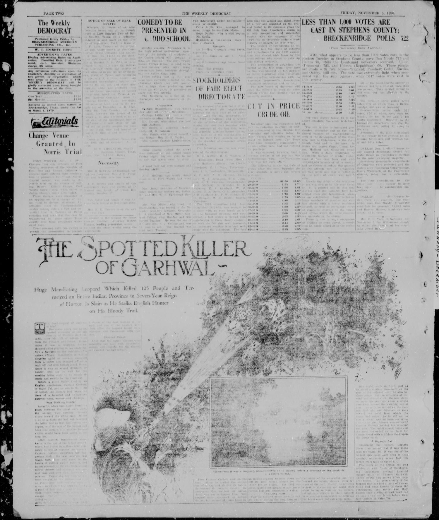 Breckenridge Weekly Democrat (Breckenridge, Tex), No. 13, Ed. 1, Friday, November 5, 1926
                                                
                                                    [Sequence #]: 2 of 4
                                                