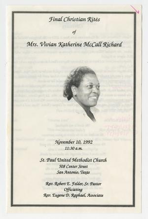 Primary view of object titled '[Funeral Program for Vivian Katherine McCall Richard, November 10, 1992]'.
