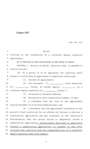 Primary view of object titled '84th Texas Legislature, Regular Session, House Bill 621, Chapter 1003'.