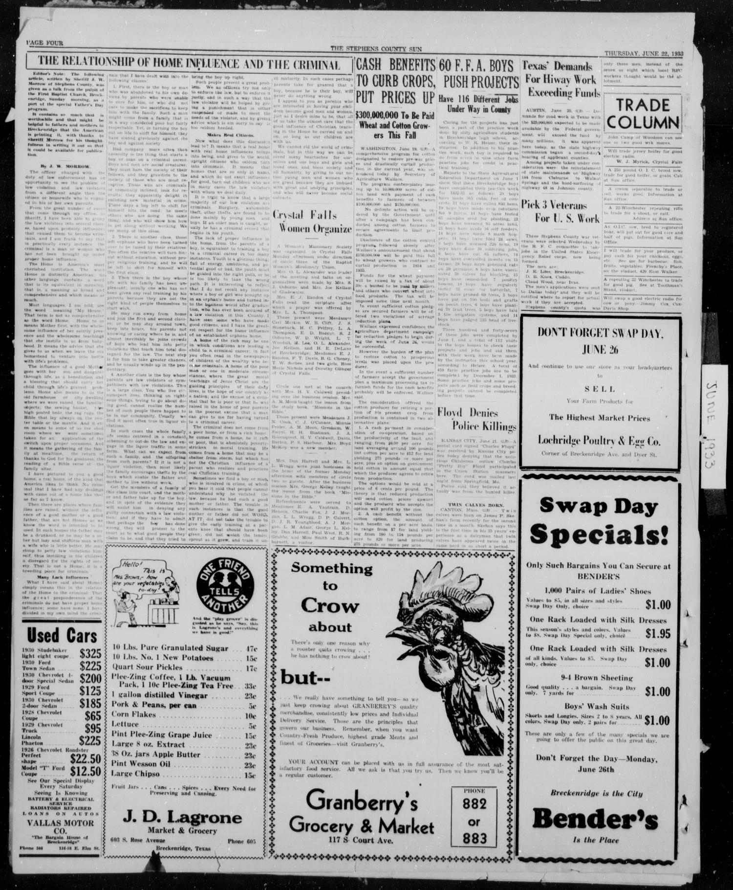 Stephens County Sun (Breckenridge, Tex.), Vol. 4, No. 22, Ed. 1, Thursday, June 22, 1933
                                                
                                                    [Sequence #]: 4 of 6
                                                