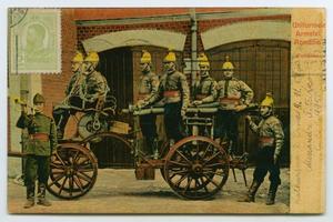 Primary view of object titled '[Postcard of Romanian Firemen]'.