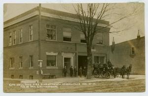 Primary view of object titled '[Postcard to George Pendexter Showing Kendallville, Indiana Fire Department and City Hall]'.