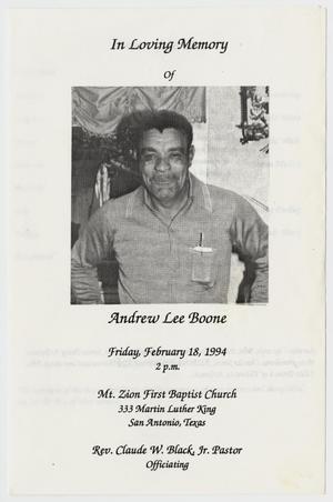 Primary view of object titled '[Funeral Program for Andrew Lee Boone, February 18, 1994]'.