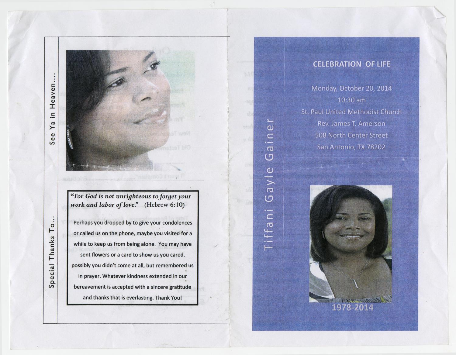[Funeral Program for Tiffani Gayle Gainer, October 20, 2014]
                                                
                                                    [Sequence #]: 3 of 3
                                                