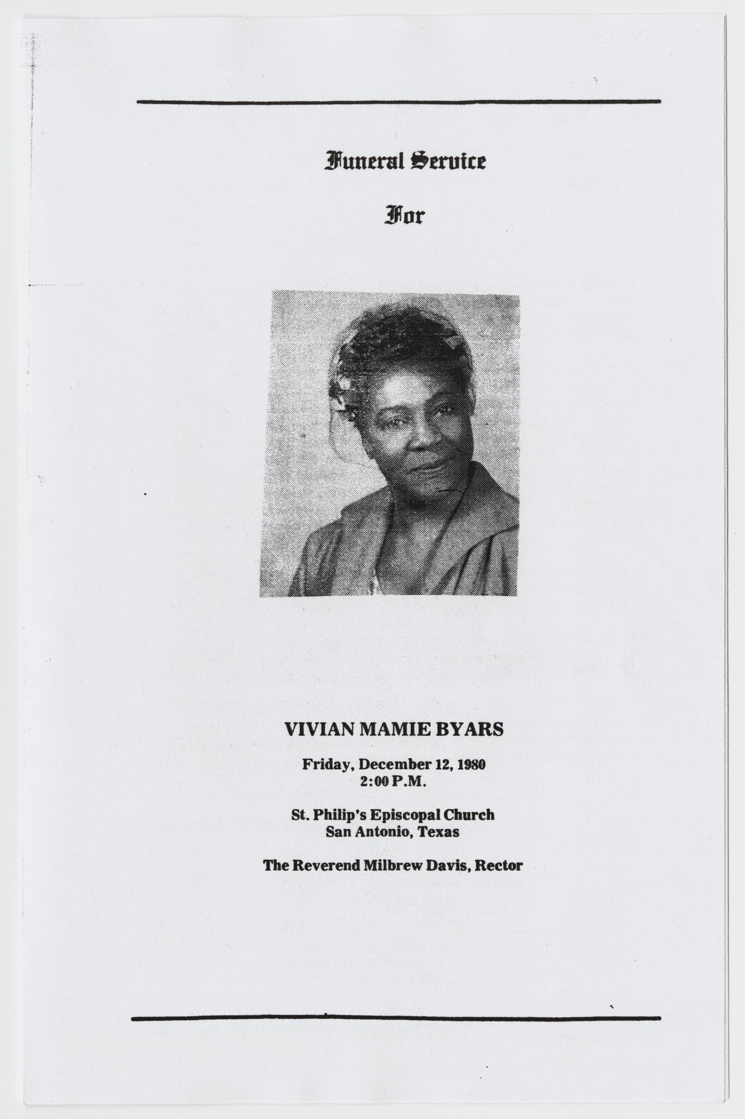 [Funeral Program for Vivian Mamie Byars, December 12, 1980]
                                                
                                                    [Sequence #]: 1 of 3
                                                