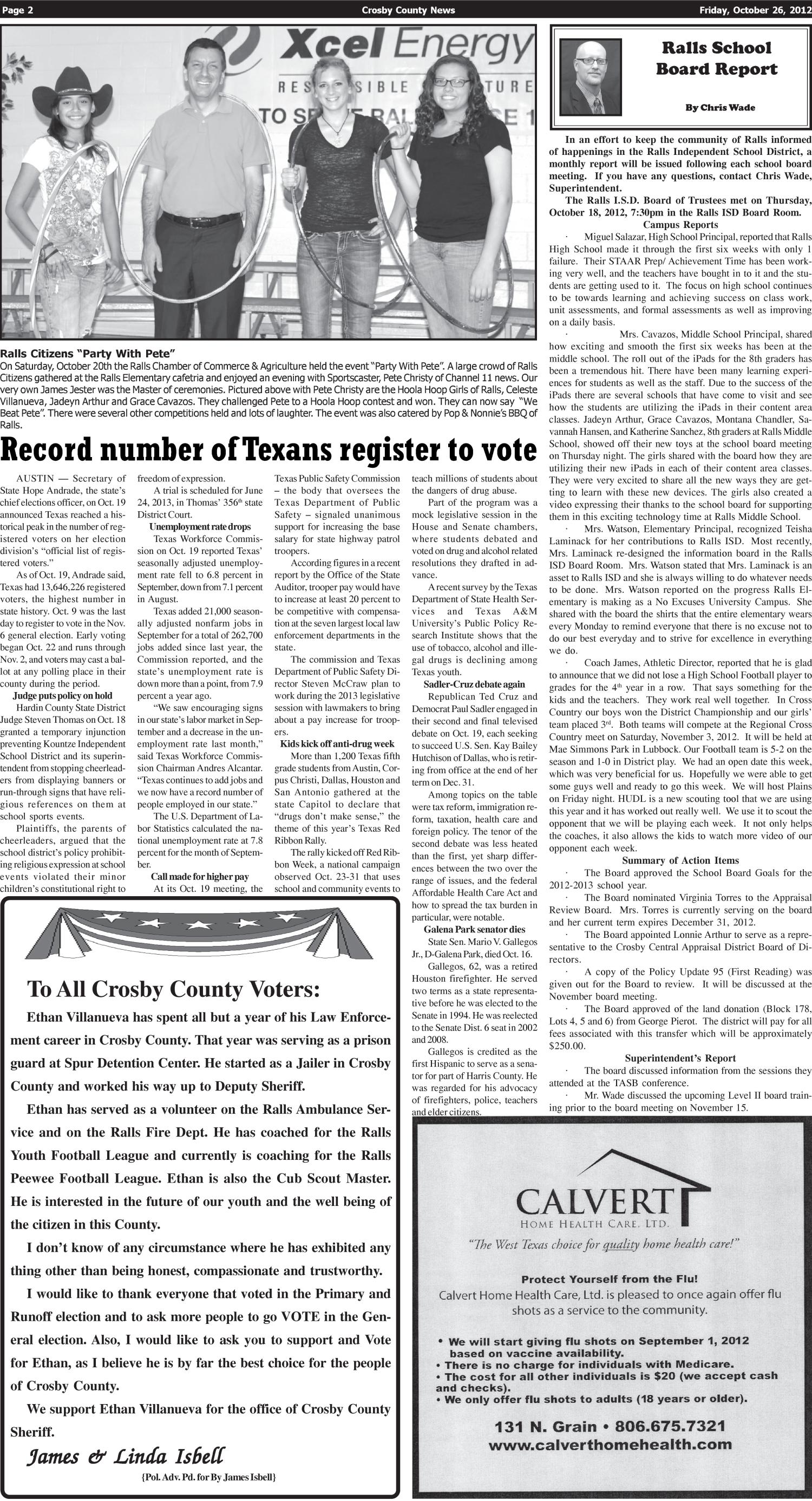 Crosby County News (Ralls, Tex.), Vol. 125, No. 42, Ed. 1 Friday, October 26, 2012
                                                
                                                    [Sequence #]: 2 of 16
                                                