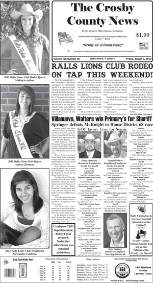 Primary view of object titled 'The Crosby County News (Ralls, Tex.), Vol. 125, No. 30, Ed. 1 Friday, August 3, 2012'.