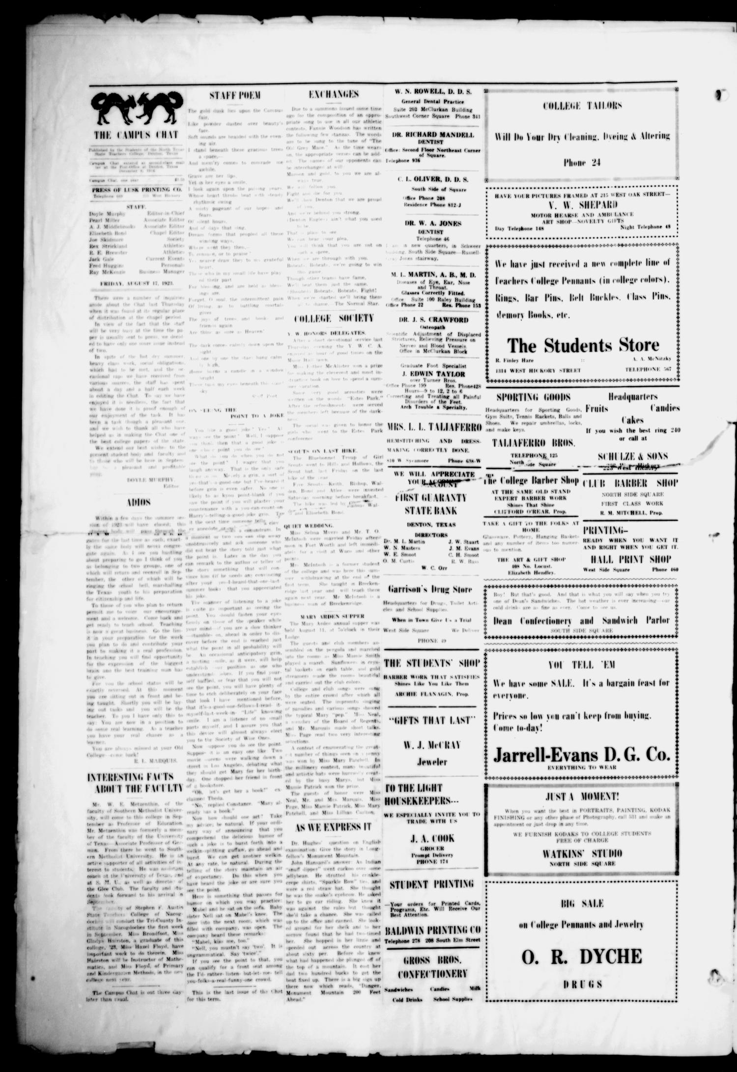The Campus Chat (Denton, Tex.), Vol. 7, No. 46, Ed. 1 Tuesday, August 21, 1923
                                                
                                                    [Sequence #]: 2 of 4
                                                