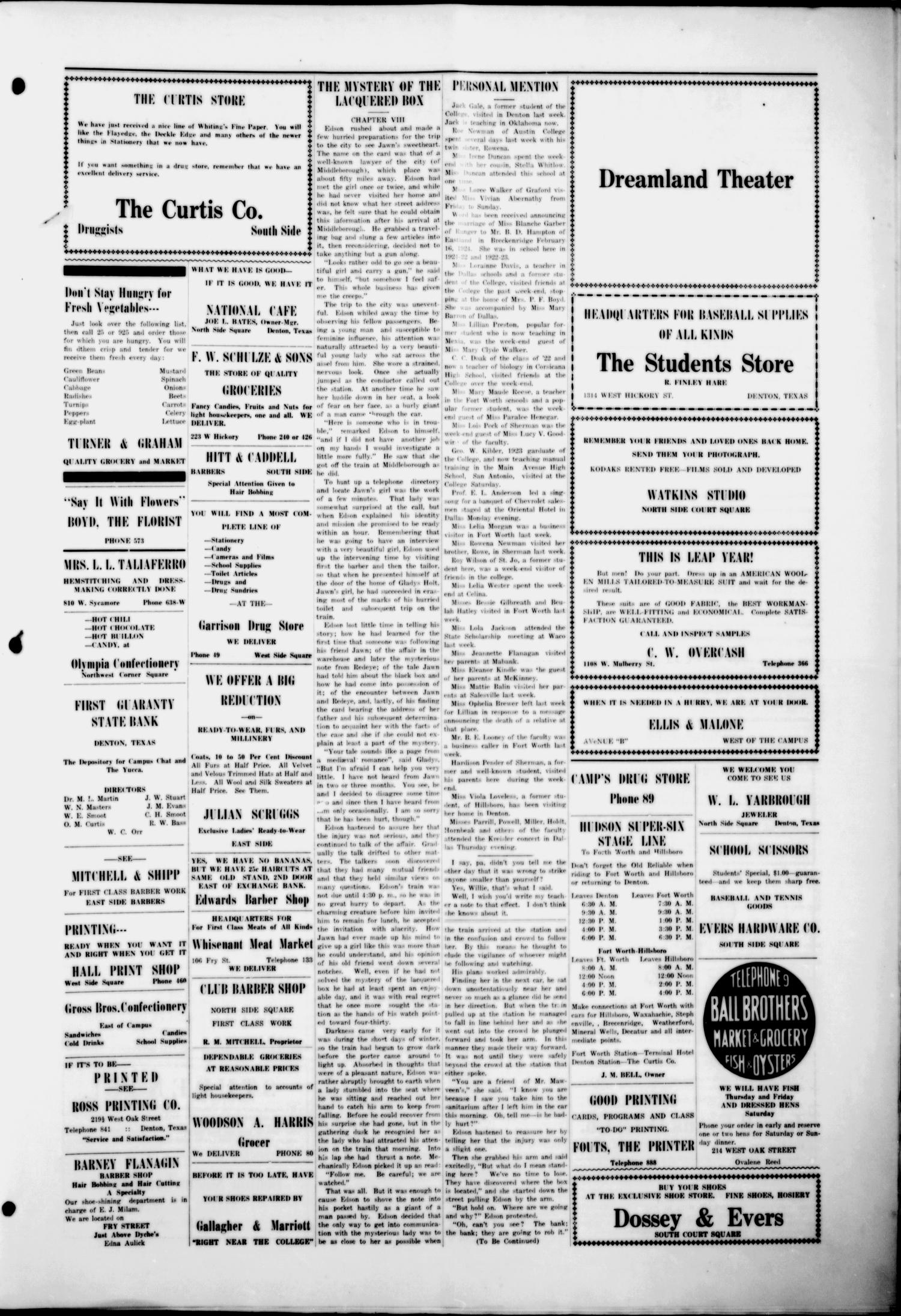 The Campus Chat (Denton, Tex.), Vol. 8, No. 22, Ed. 1 Tuesday, February 26, 1924
                                                
                                                    [Sequence #]: 3 of 4
                                                