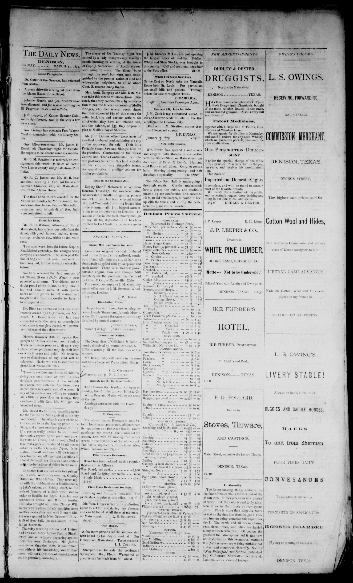Denison Daily News. (Denison, Tex.), Vol. 1, No. 15, Ed. 1 Friday, March 14, 1873
                                                
                                                    [Sequence #]: 3 of 4
                                                