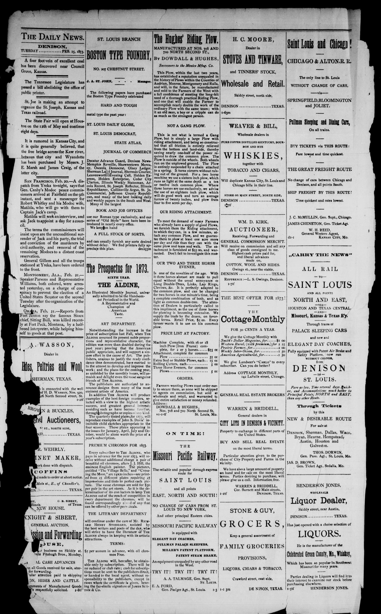 Denison Daily News. (Denison, Tex.), Vol. 1, No. 3, Ed. 1 Tuesday, February 25, 1873
                                                
                                                    [Sequence #]: 3 of 4
                                                