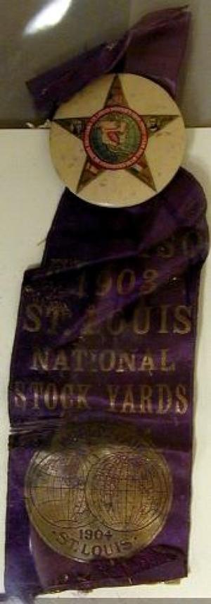 Primary view of object titled '["St. Louis National Stock Yards World's Fair" Ribbon with button]'.