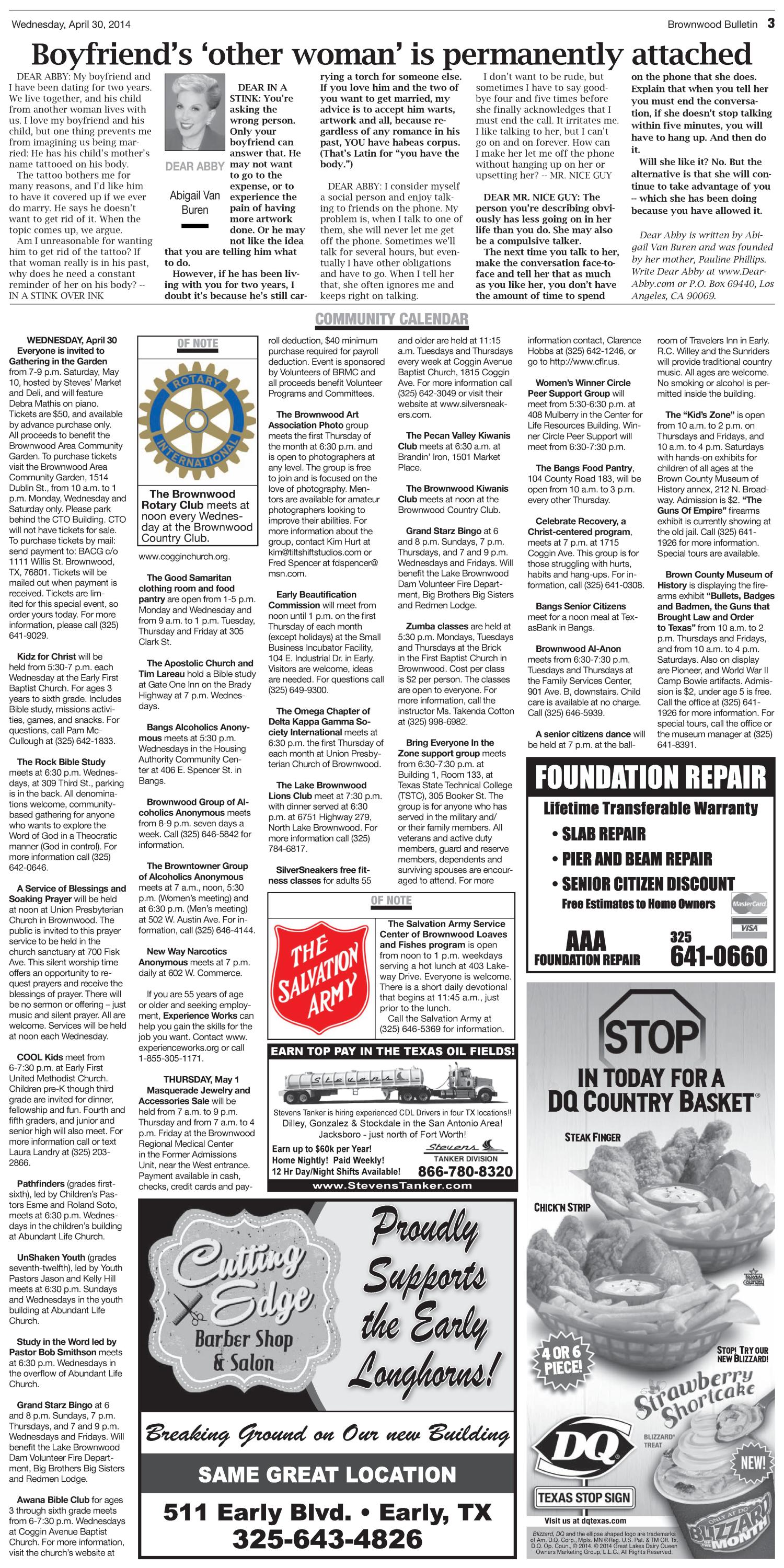 Brownwood Bulletin (Brownwood, Tex.), Vol. 114, No. 169, Ed. 1 Wednesday, April 30, 2014
                                                
                                                    [Sequence #]: 3 of 14
                                                