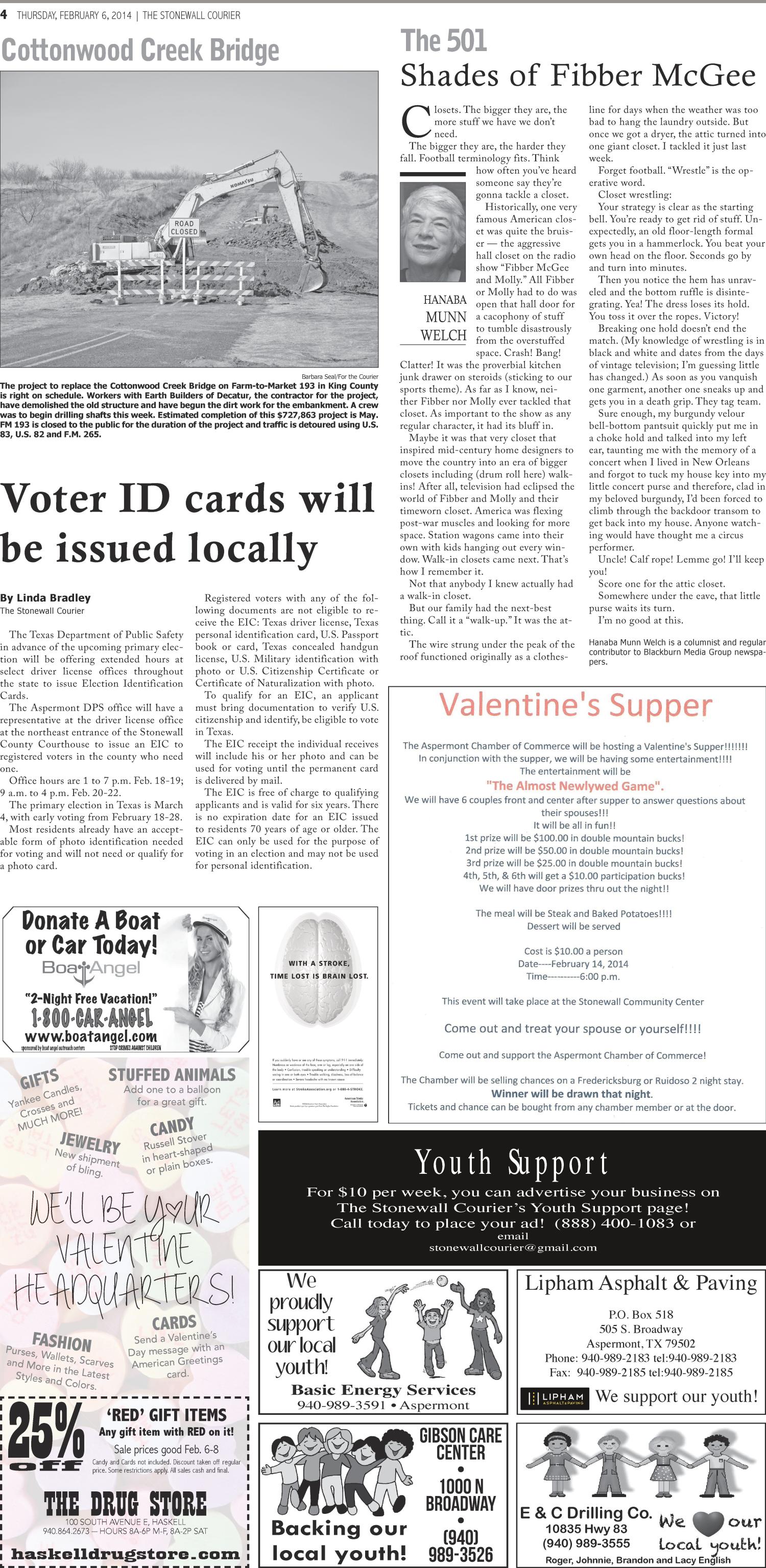 The Stonewall Courier (Aspermont, Tex.), Vol. 27, No. 1, Ed. 1 Thursday, February 6, 2014
                                                
                                                    [Sequence #]: 4 of 6
                                                