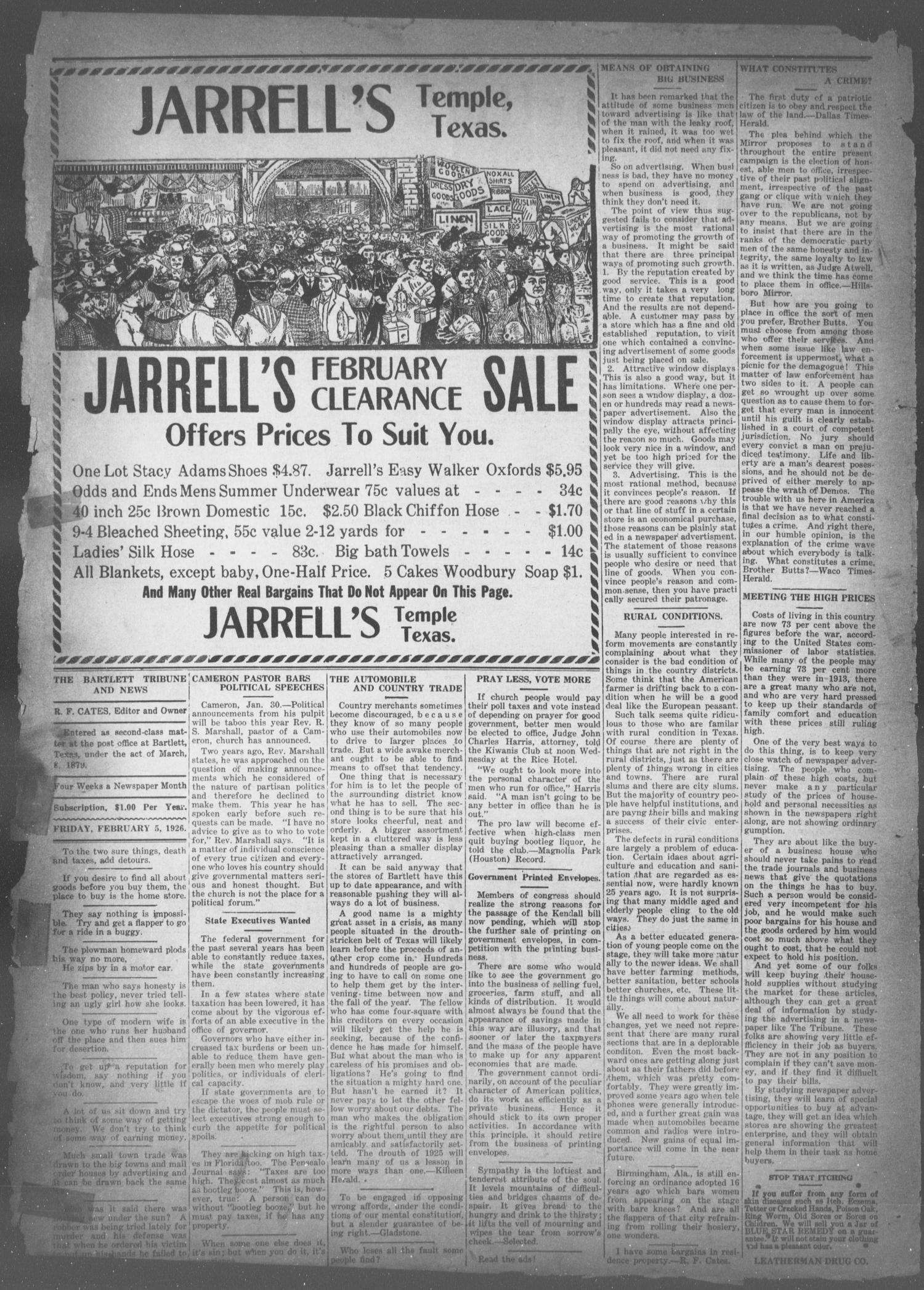The Bartlett Tribune and News (Bartlett, Tex.), Vol. 40, No. 26, Ed. 1, Friday, February 5, 1926
                                                
                                                    [Sequence #]: 2 of 8
                                                