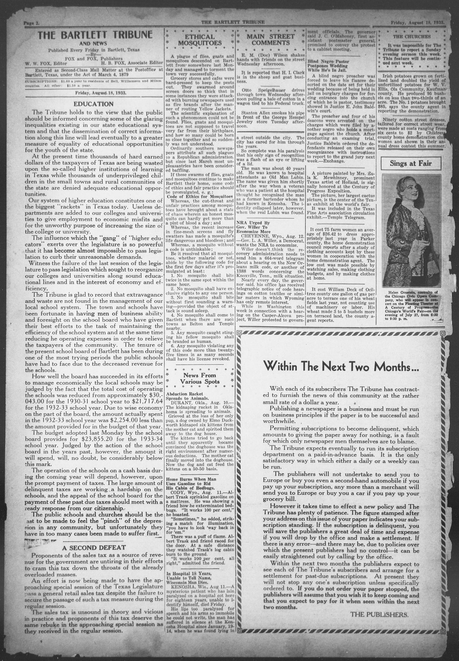 The Bartlett Tribune and News (Bartlett, Tex.), Vol. 46, No. 51, Ed. 1, Friday, August 18, 1933
                                                
                                                    [Sequence #]: 2 of 8
                                                