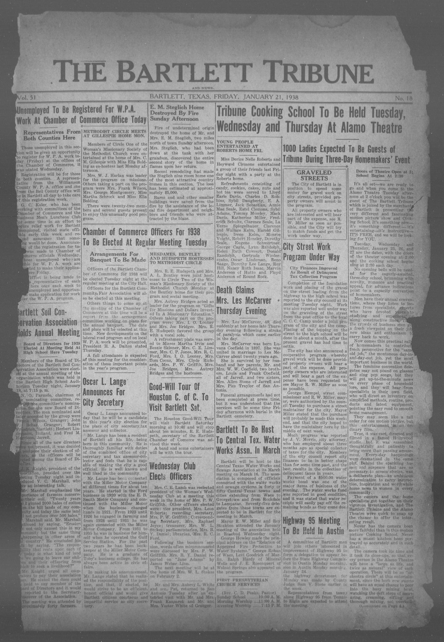The Bartlett Tribune and News (Bartlett, Tex.), Vol. 51, No. 18, Ed. 1, Friday, January 21, 1938
                                                
                                                    [Sequence #]: 1 of 8
                                                