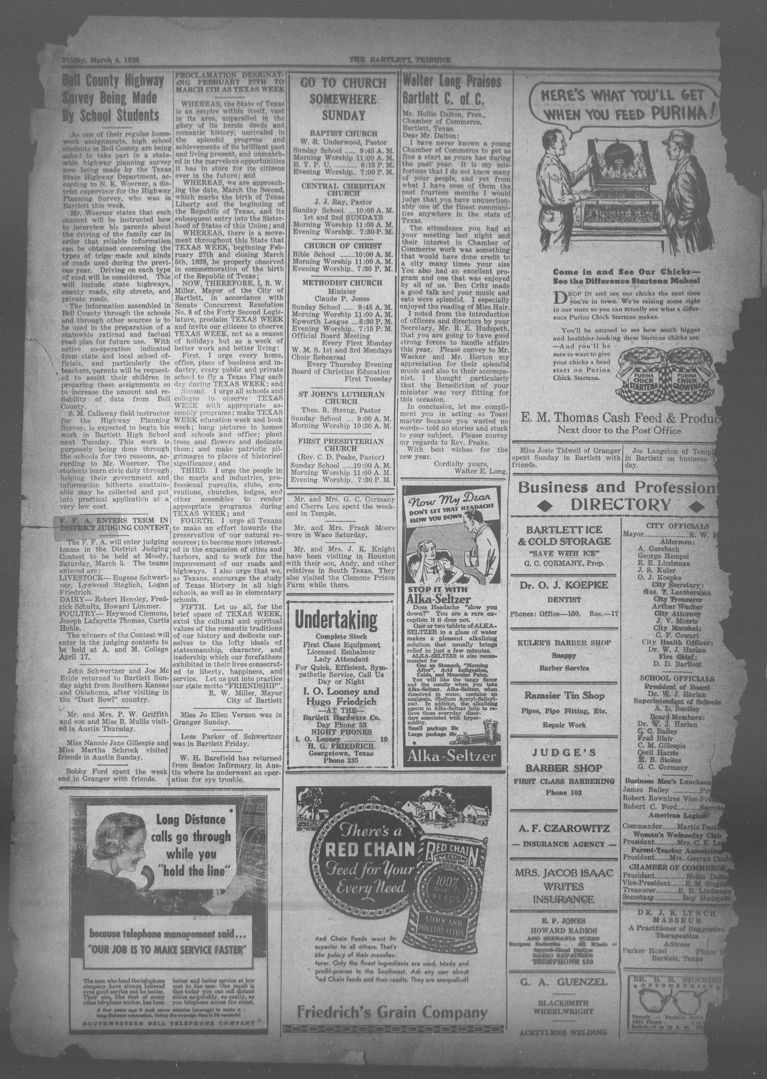 The Bartlett Tribune and News (Bartlett, Tex.), Vol. 51, No. 24, Ed. 1, Friday, March 4, 1938
                                                
                                                    [Sequence #]: 4 of 6
                                                