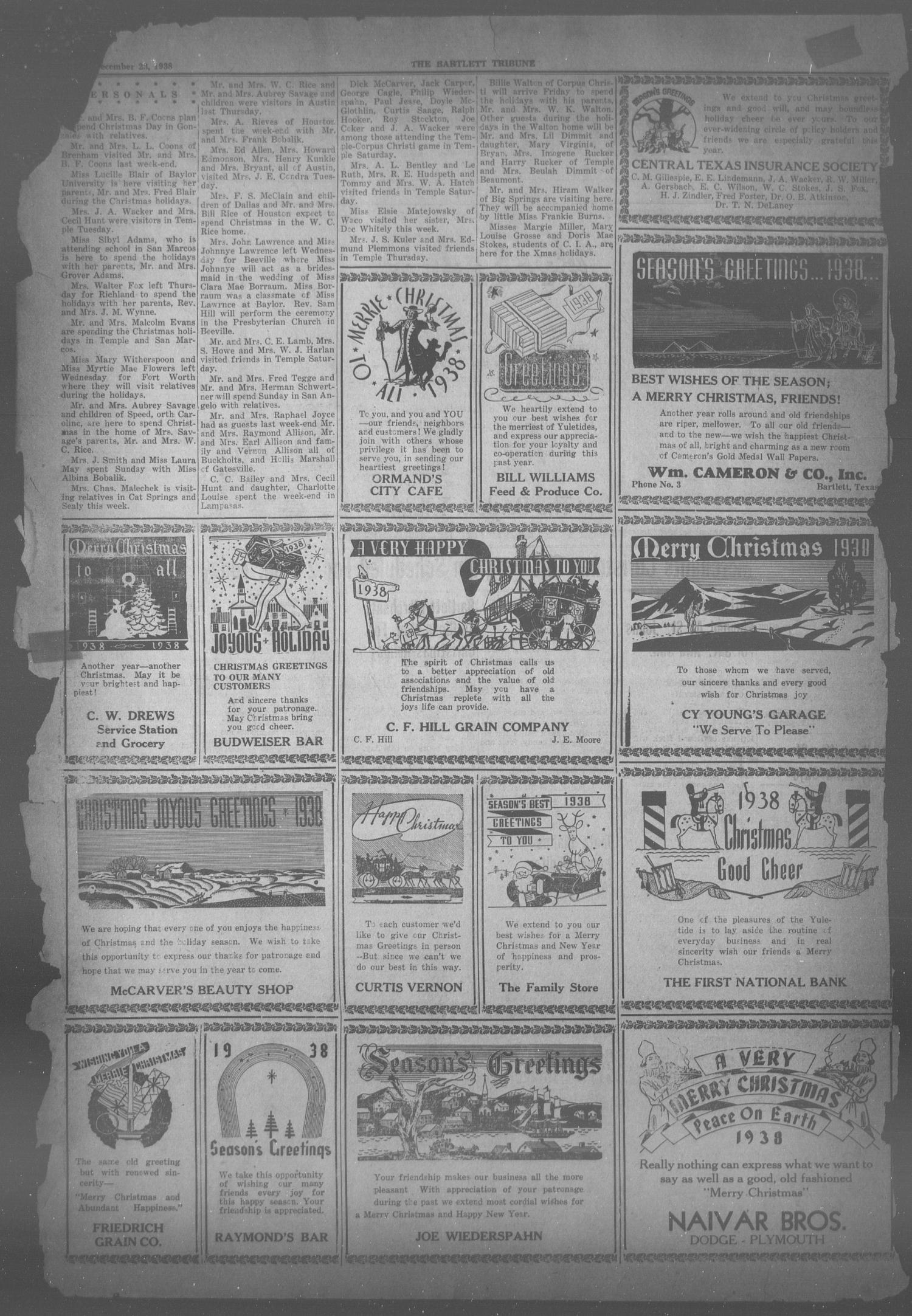 The Bartlett Tribune and News (Bartlett, Tex.), Vol. 52, No. 14, Ed. 1, Friday, December 23, 1938
                                                
                                                    [Sequence #]: 2 of 8
                                                