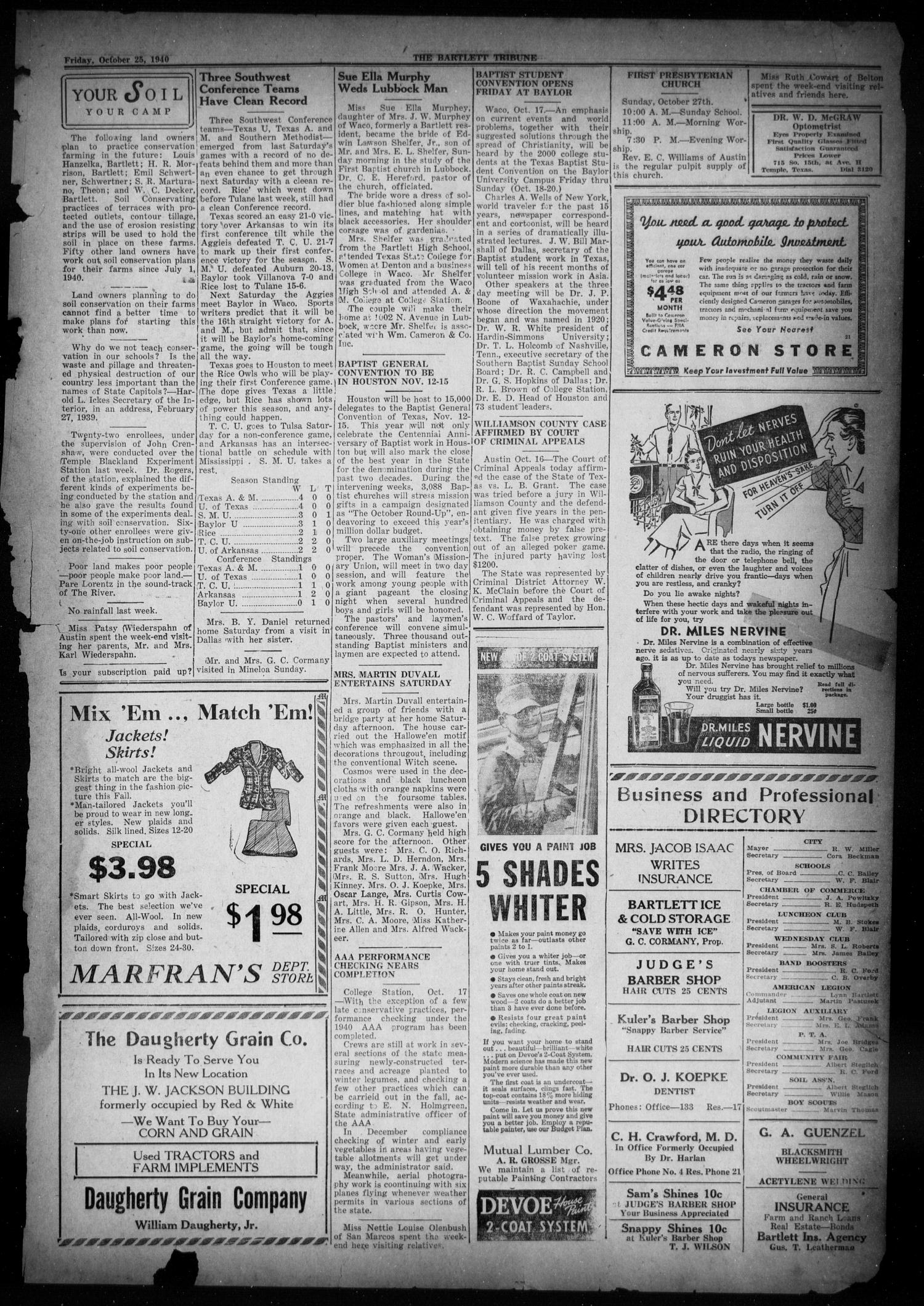 The Bartlett Tribune and News (Bartlett, Tex.), Vol. 54, No. 6, Ed. 1, Friday, October 25, 1940
                                                
                                                    [Sequence #]: 3 of 6
                                                