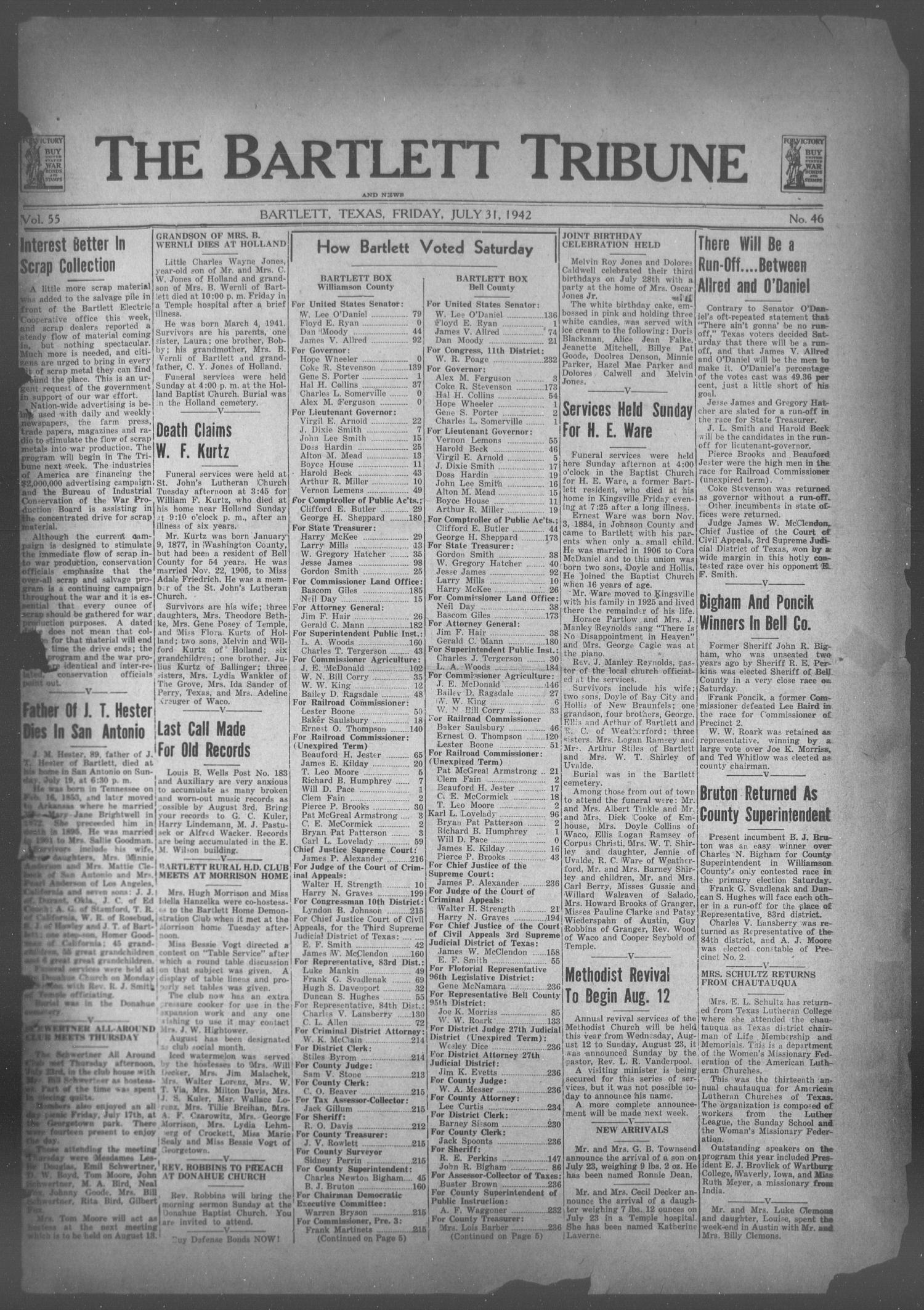 The Bartlett Tribune and News (Bartlett, Tex.), Vol. 55, No. 46, Ed. 1, Friday, July 31, 1942
                                                
                                                    [Sequence #]: 1 of 6
                                                