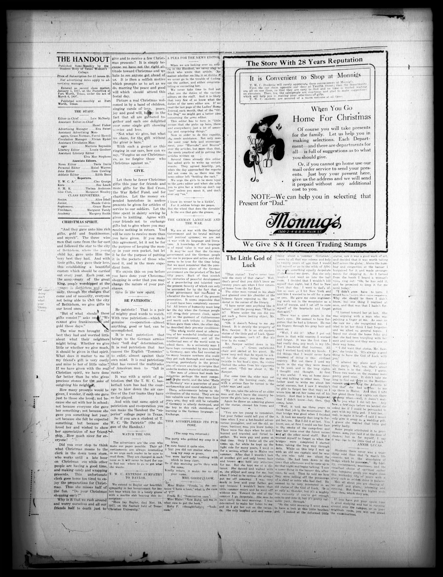 The Handout (Fort Worth, Tex.), Vol. 2, No. 5, Ed. 1 Wednesday, December 5, 1917
                                                
                                                    [Sequence #]: 2 of 4
                                                