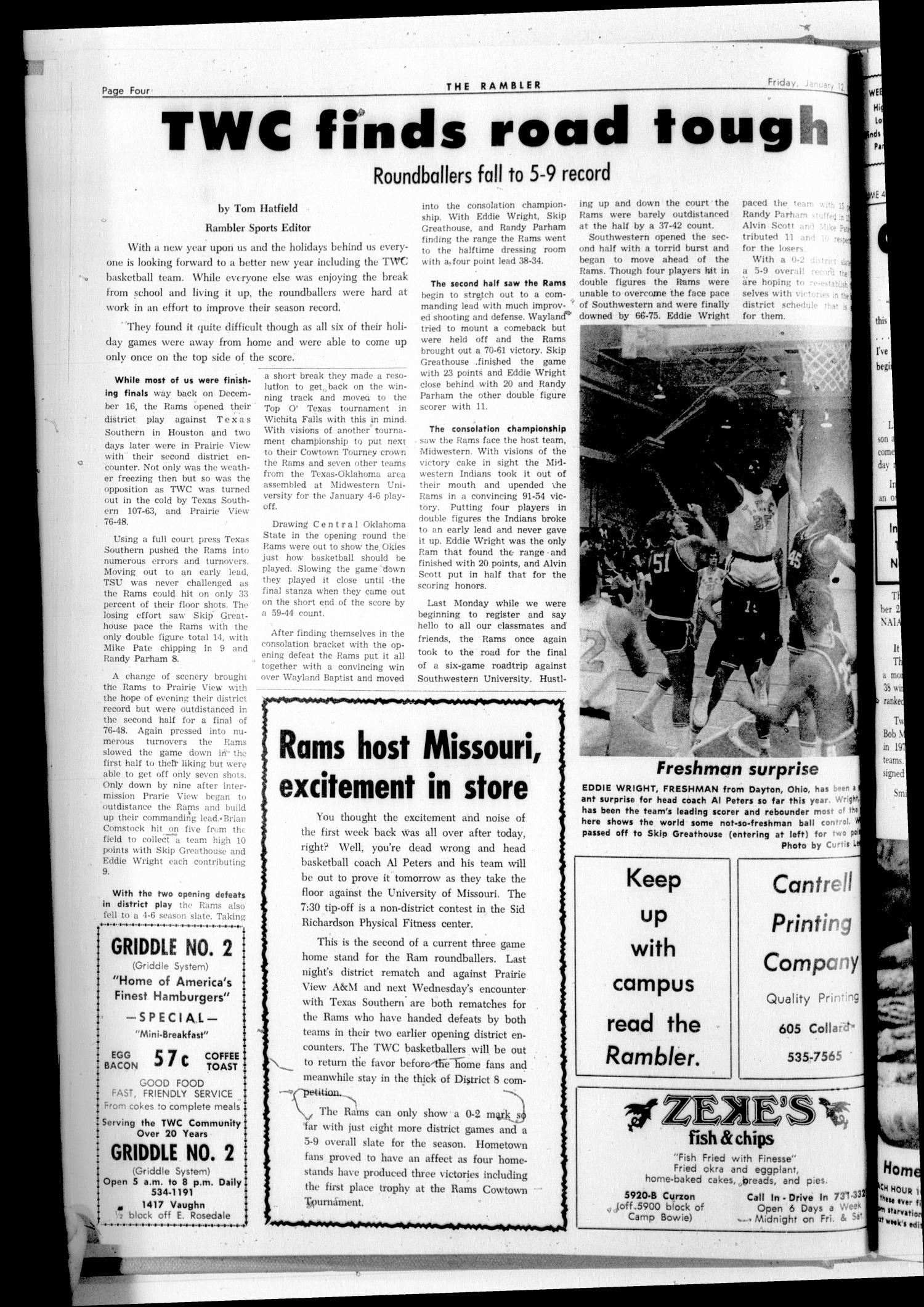 Rambler (Fort Worth, Tex.), Vol. 47, No. 16, Ed. 1 Friday, January 12, 1973
                                                
                                                    [Sequence #]: 2 of 2
                                                
