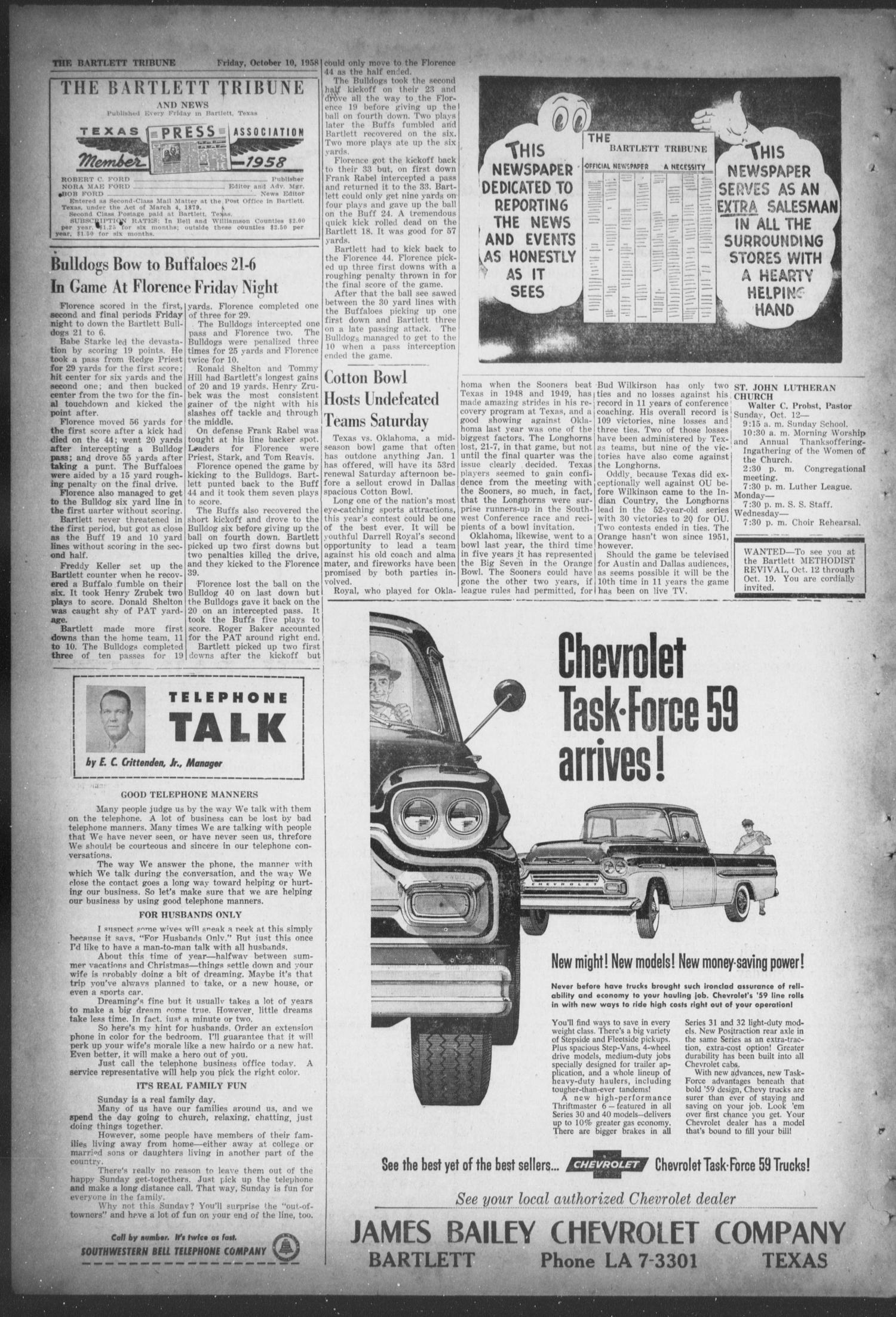 The Bartlett Tribune and News (Bartlett, Tex.), Vol. 71, No. 48, Ed. 1, Friday, October 10, 1958
                                                
                                                    [Sequence #]: 2 of 8
                                                