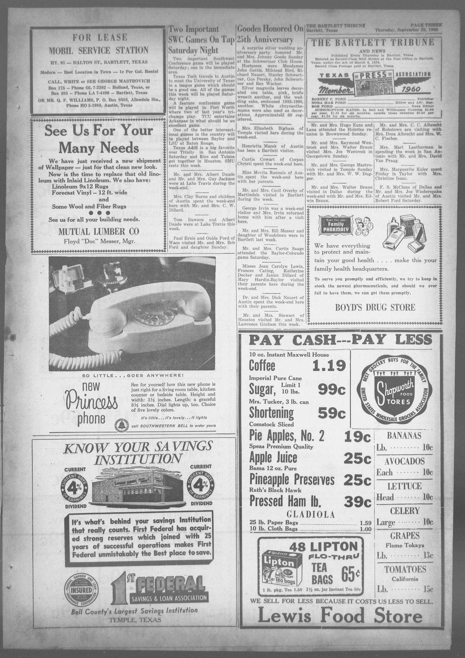 The Bartlett Tribune and News (Bartlett, Tex.), Vol. 73, No. 47, Ed. 1, Thursday, September 29, 1960
                                                
                                                    [Sequence #]: 3 of 8
                                                