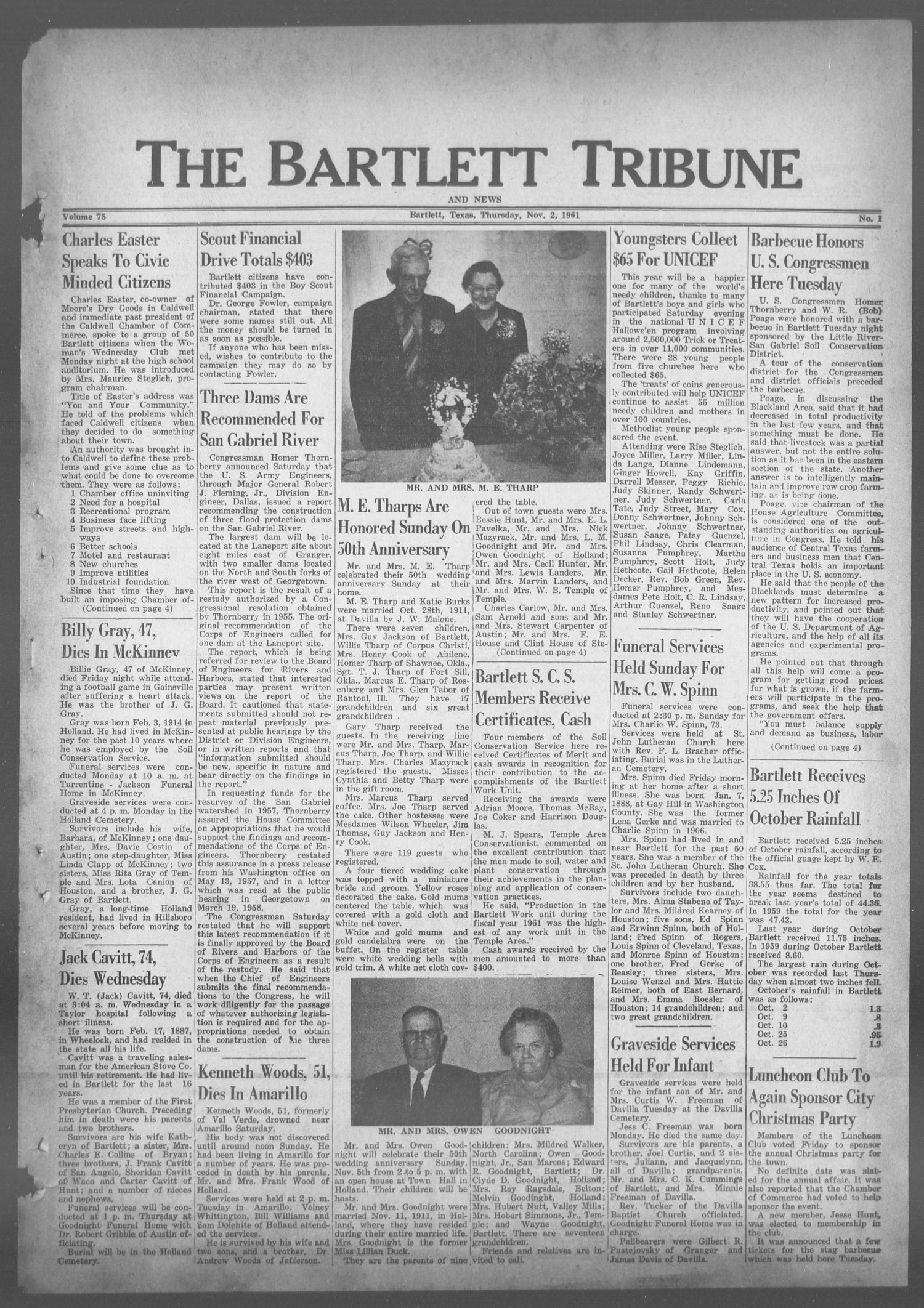 The Bartlett Tribune and News (Bartlett, Tex.), Vol. 75, No. 1, Ed. 1, Thursday, November 2, 1961
                                                
                                                    [Sequence #]: 1 of 8
                                                