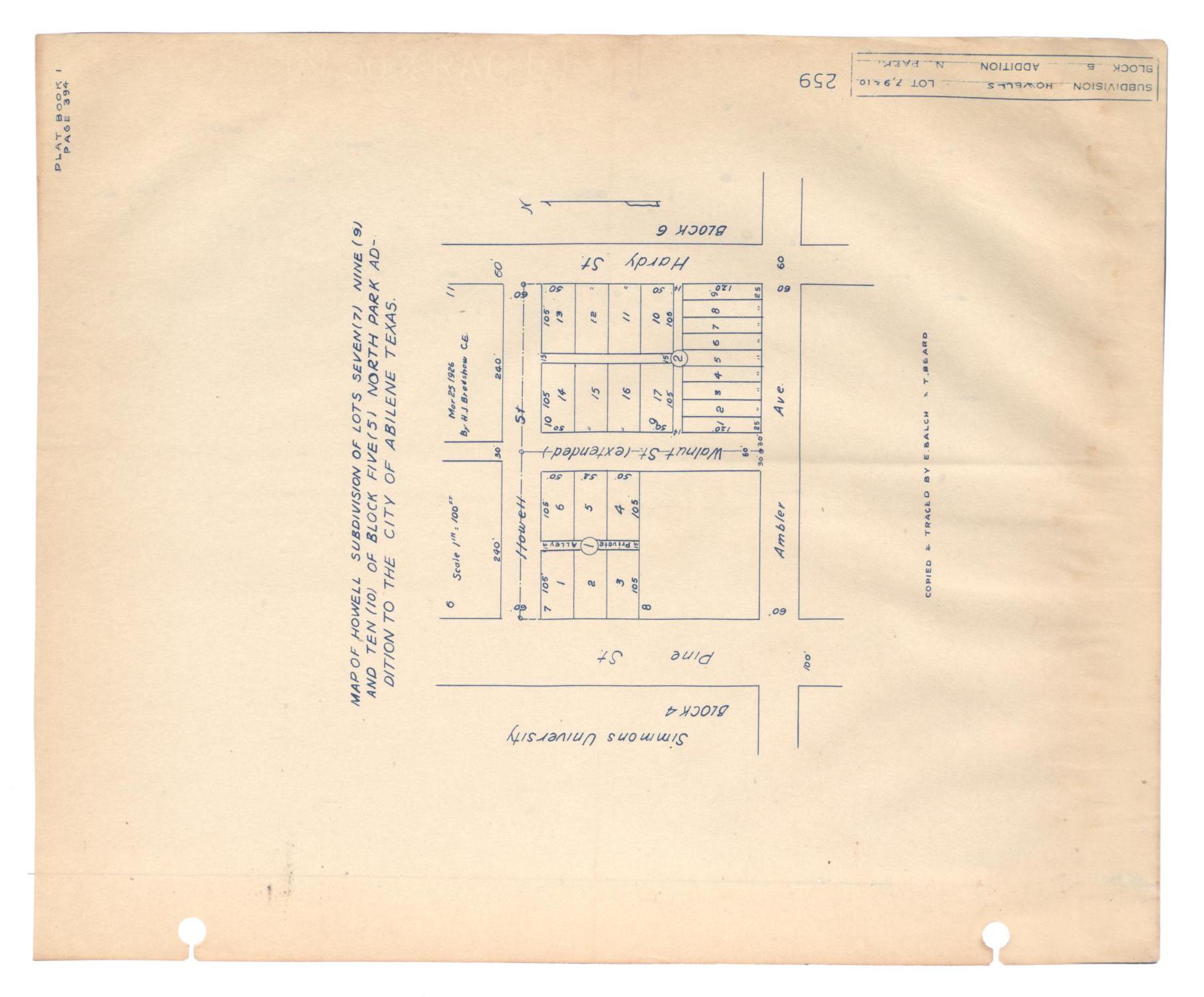 Map of Howell Subdivision of Lots Seven (7), Nine (9), and Ten (10) of Block Five (5), North Park Addition to the City of Abilene, Texas. [#2]
                                                
                                                    [Sequence #]: 1 of 2
                                                