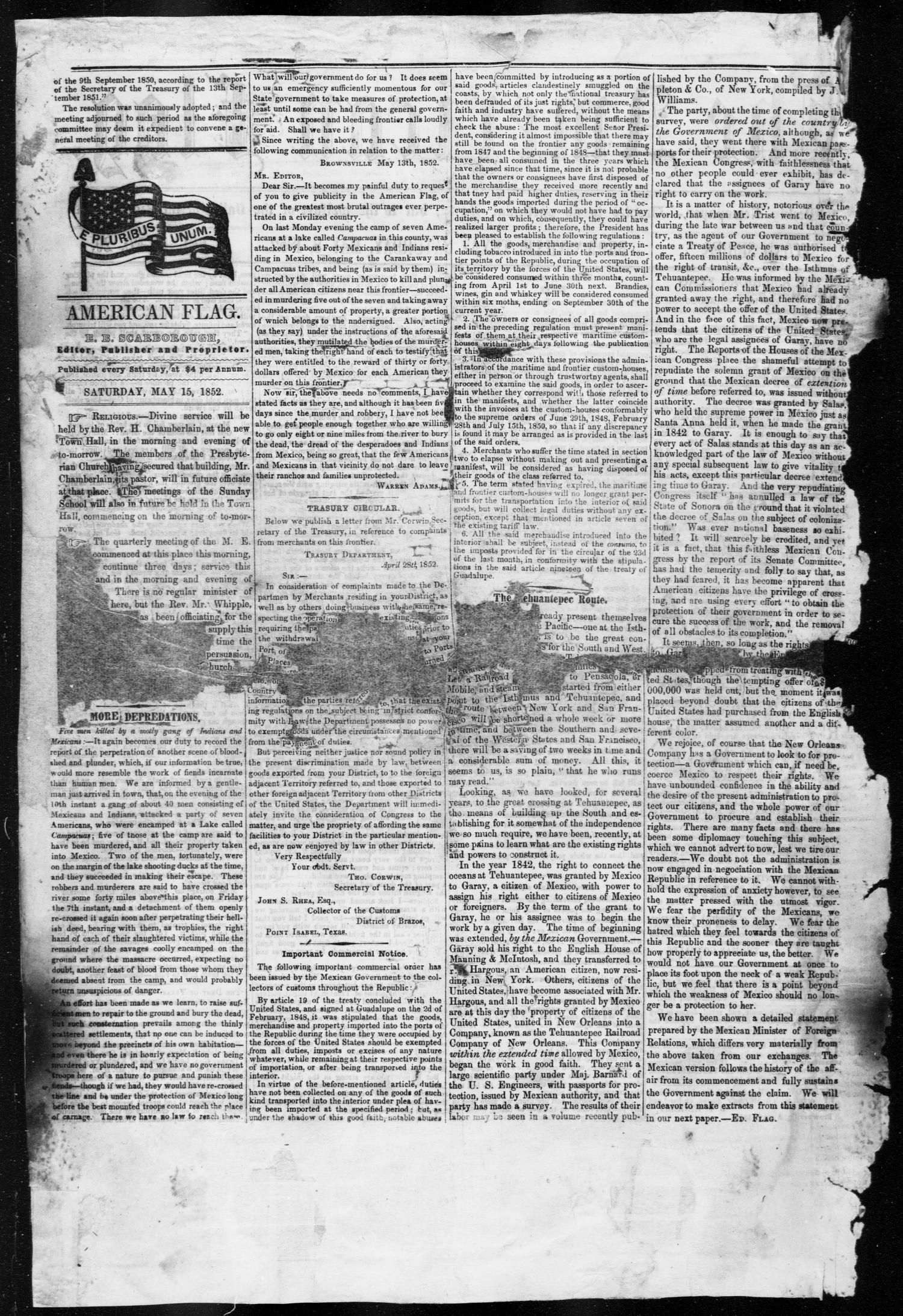 The American Flag. (Brownsville, Tex.), Vol. 1, No. 20, Ed. 1, Saturday, May 15, 1852
                                                
                                                    [Sequence #]: 2 of 4
                                                