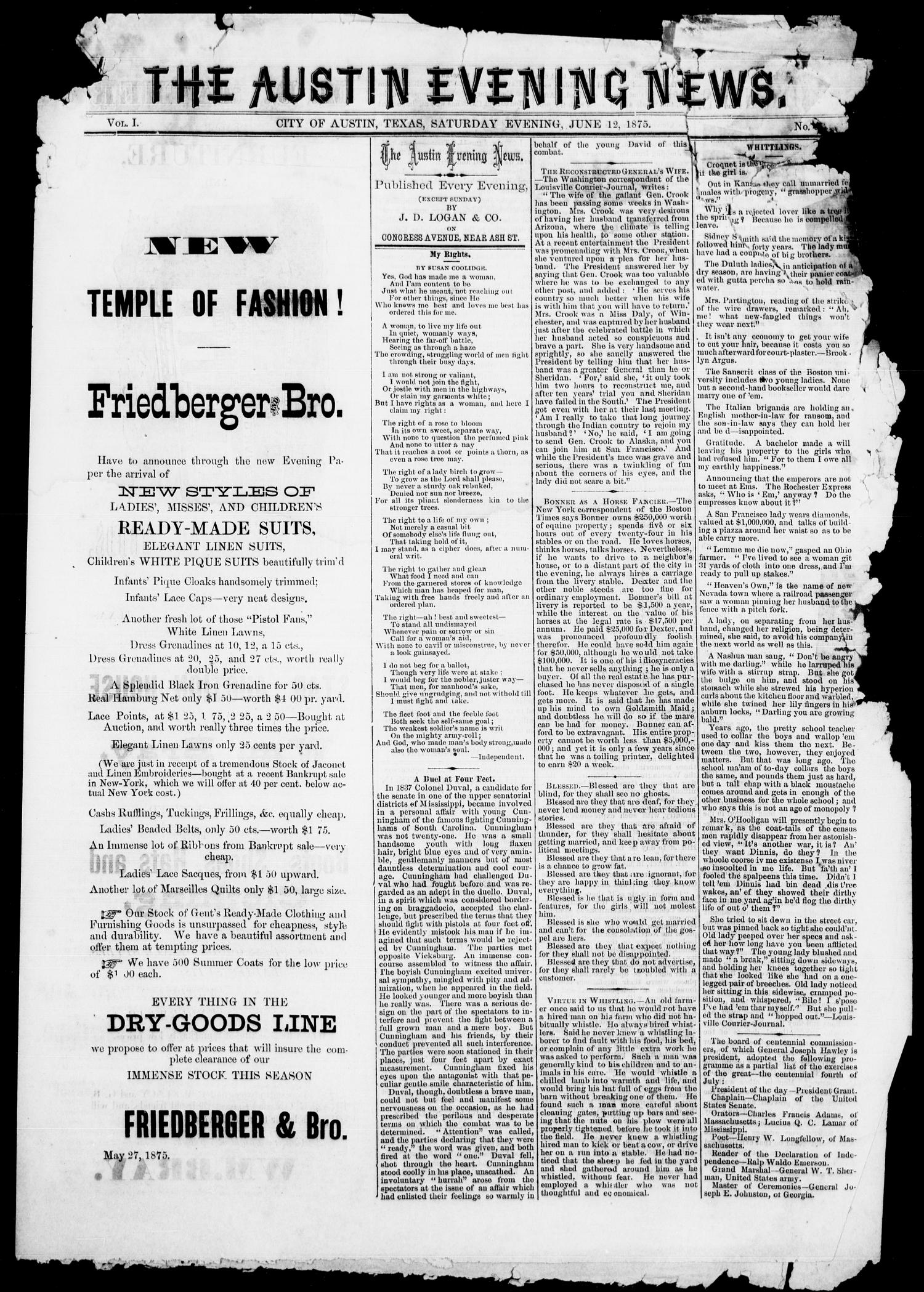 The Austin Evening News (Austin, Tex.), Vol. 1, No. 29, Ed. 1, Saturday, June 12, 1875
                                                
                                                    [Sequence #]: 1 of 4
                                                