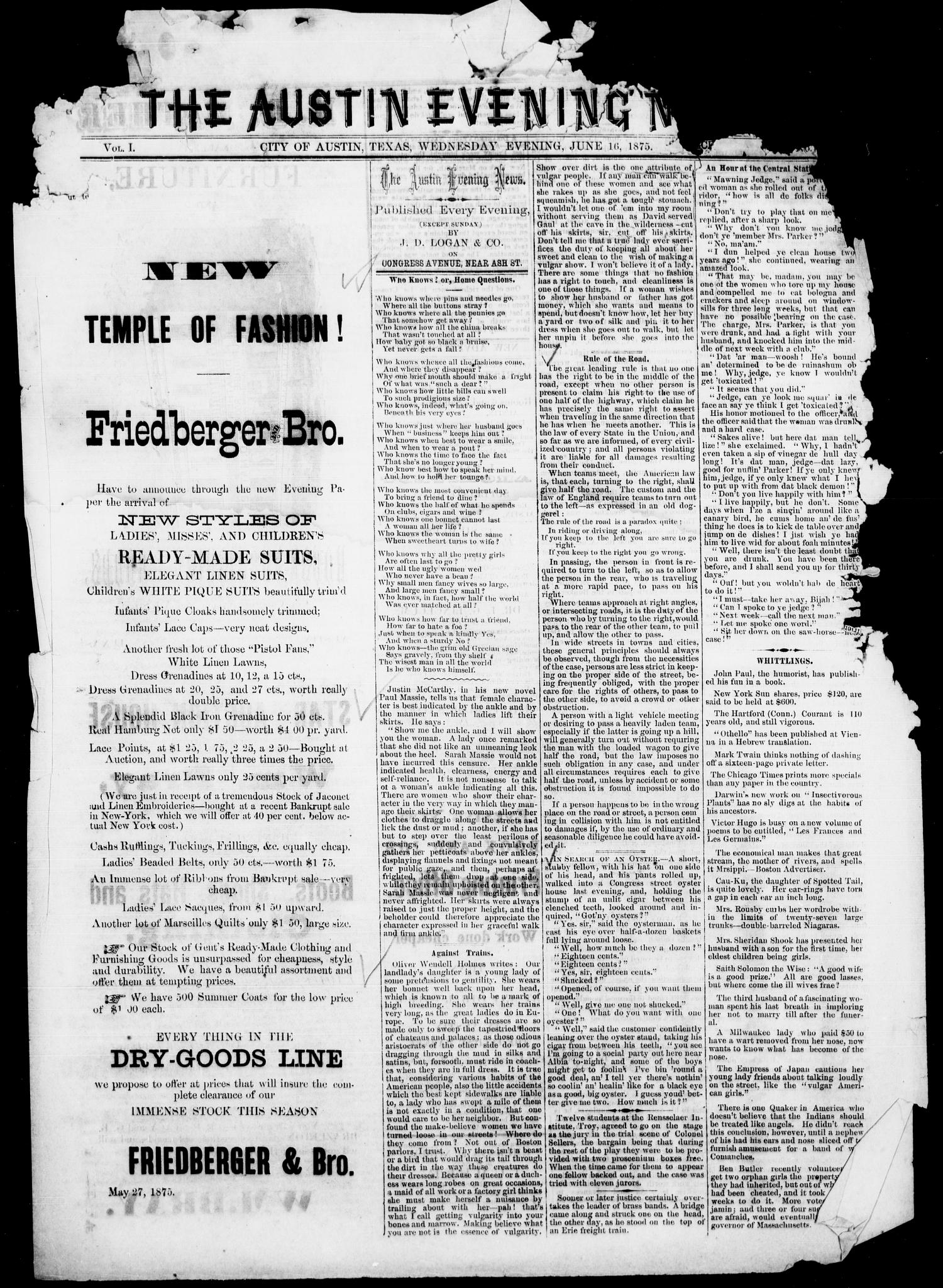 The Austin Evening News (Austin, Tex.), Vol. 1, No. 32, Ed. 1, Wednesday, June 16, 1875
                                                
                                                    [Sequence #]: 1 of 4
                                                
