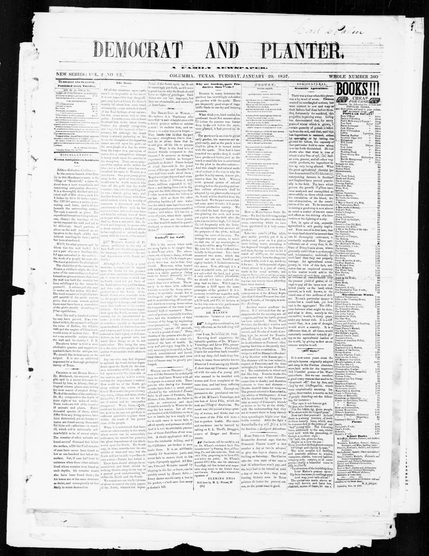 The Democrat and Planter (Columbia, Tex.), Vol. 2, No. 23, Ed. 1, Tuesday, January 20, 1857
                                                
                                                    [Sequence #]: 1 of 4
                                                