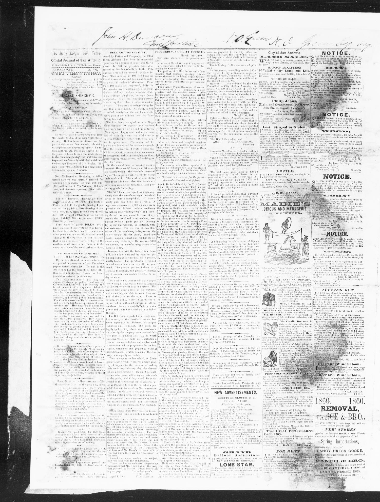 The Daily Ledger and Texan (San Antonio, Tex.), Vol. 1, No. 93, Ed. 1, Wednesday, April 4, 1860
                                                
                                                    [Sequence #]: 2 of 4
                                                