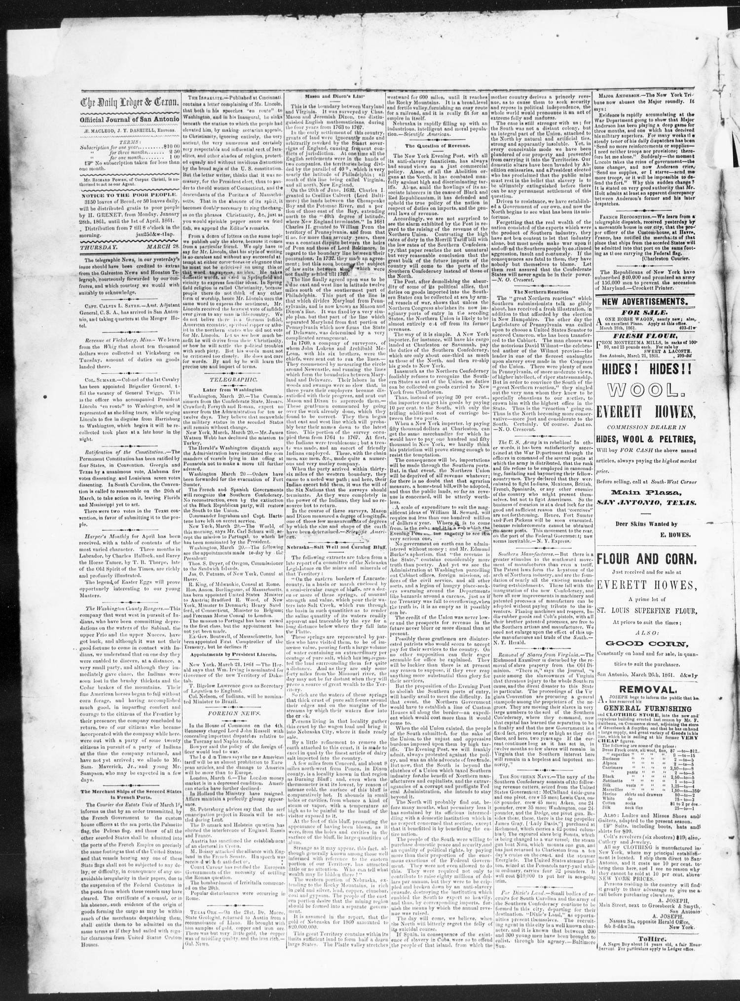 The Daily Ledger and Texan (San Antonio, Tex.), Vol. 2, No. 405, Ed. 1, Thursday, March 28, 1861
                                                
                                                    [Sequence #]: 2 of 4
                                                