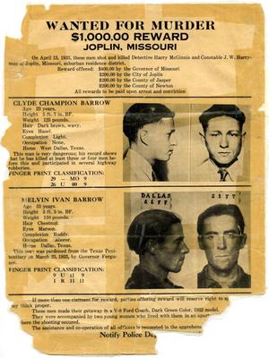 Primary view of object titled '[Clyde Champion Barrow and Marvin Barrow Wanted Poster, 1933 - Joplin, Missouri]'.
