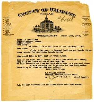 Primary view of object titled '[Letter from Wharton County Sheriff to Dallas, Texas Bureau of Identification]'.