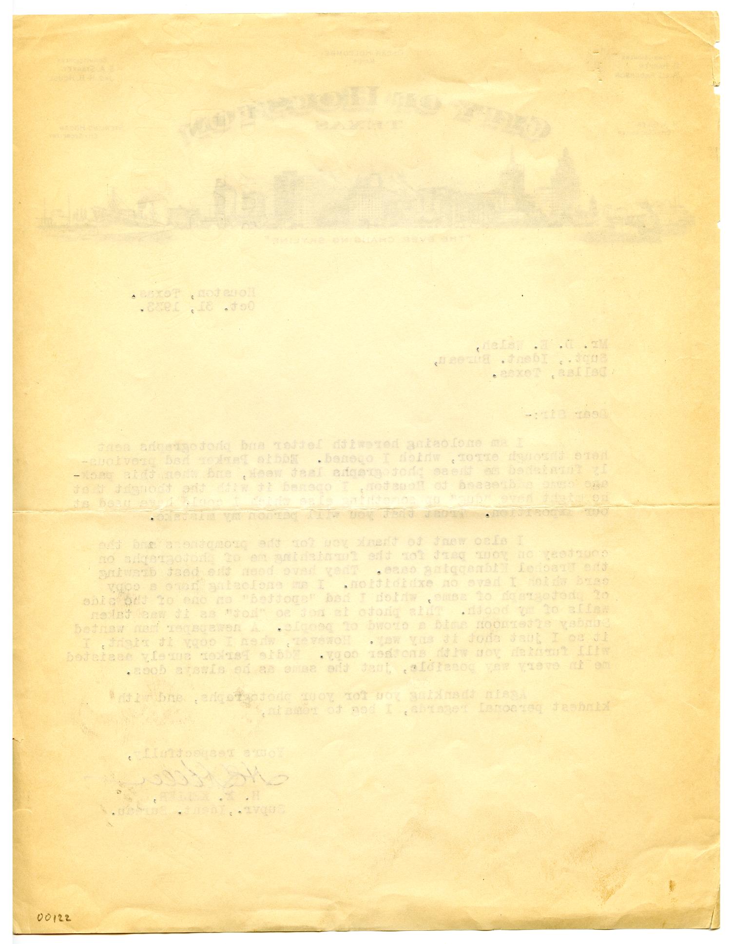 [Letter from Supervisor H. E. Keller to Dallas, Texas Bureau of Identification Superintendent D. E. Walsh - 10/31/1933]
                                                
                                                    [Sequence #]: 2 of 2
                                                