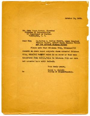 Primary view of object titled '[Letter from Harry T. Riddell to Bureau of Investigation Director John Edgar Hoover - 10/16/1933]'.